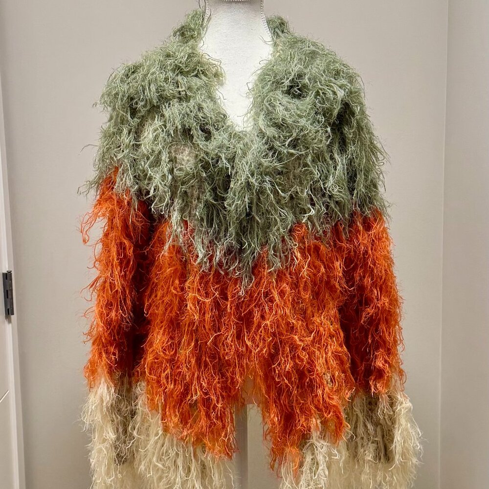FARM Rio Multi-Color Shaggy Fringe Cardigan — Green, Orange, Cream
